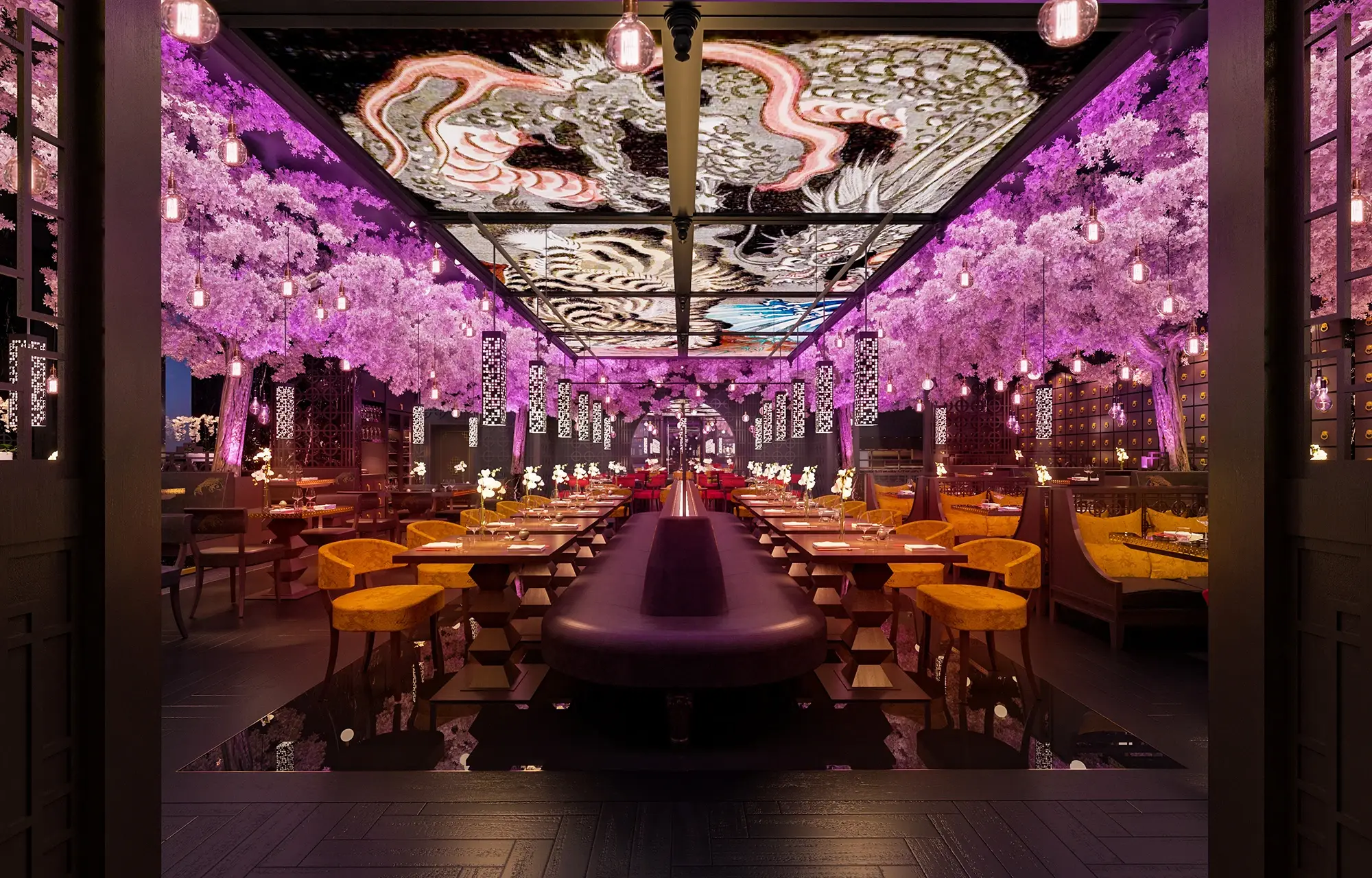 Opulent Japanese restaurant interior with illuminated cherry blossom trees, dragon ceiling mural, and ambient purple lighting
