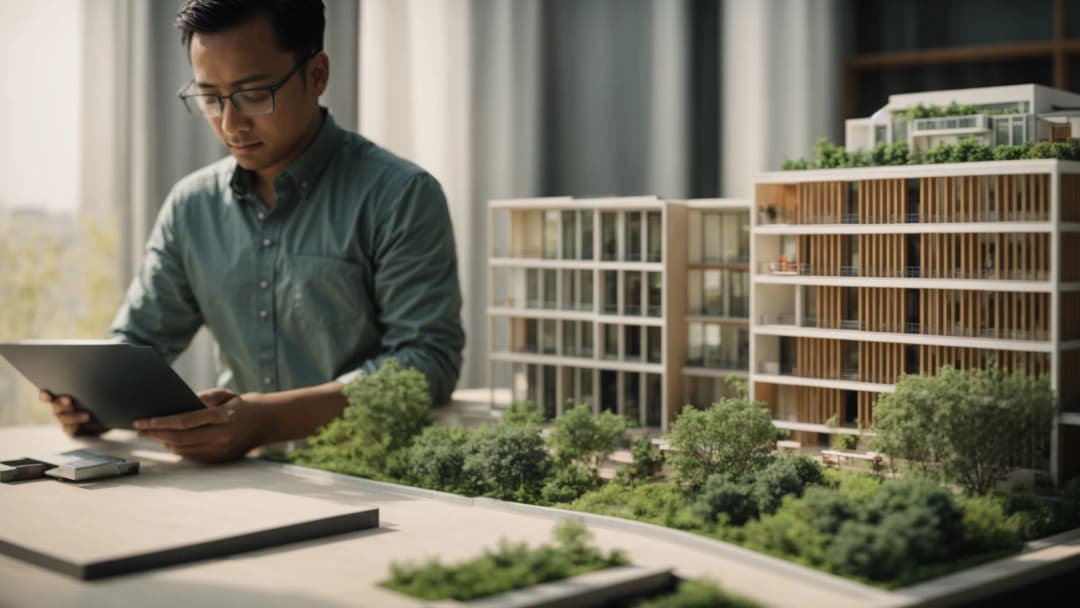 Architect working remotely on laptop in stylish contemporary cafe environment