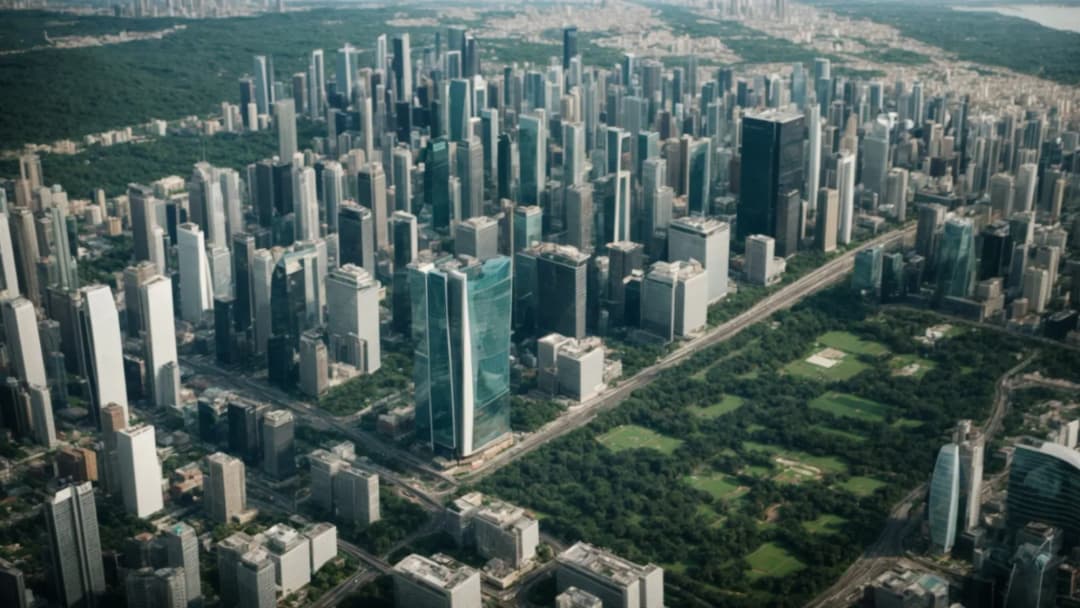Sustainable urban architecture featuring high-rise towers with vertical gardens