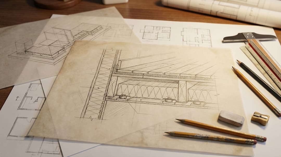 A cross-section detail drawing showing acoustic insulation and floating floor construction in a resi