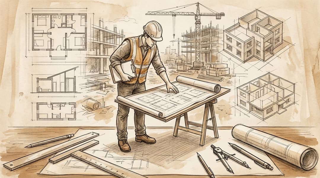 A building control officer reviewing architectural drawings on a construction site with hard hat and
