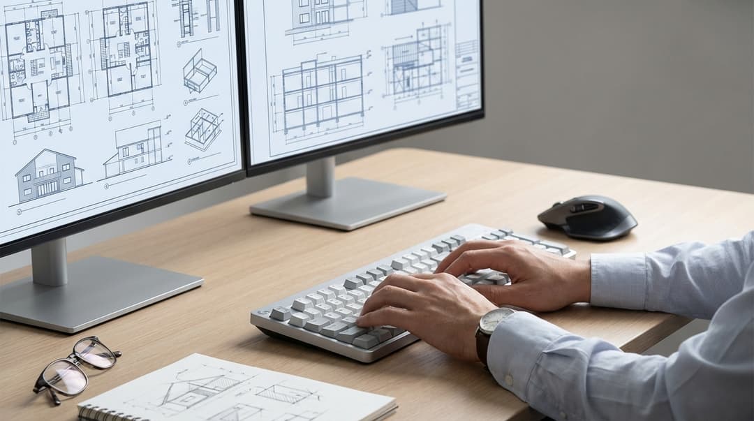 A professional architect's workspace showing hands positioned over a mechanical keyboard while worki