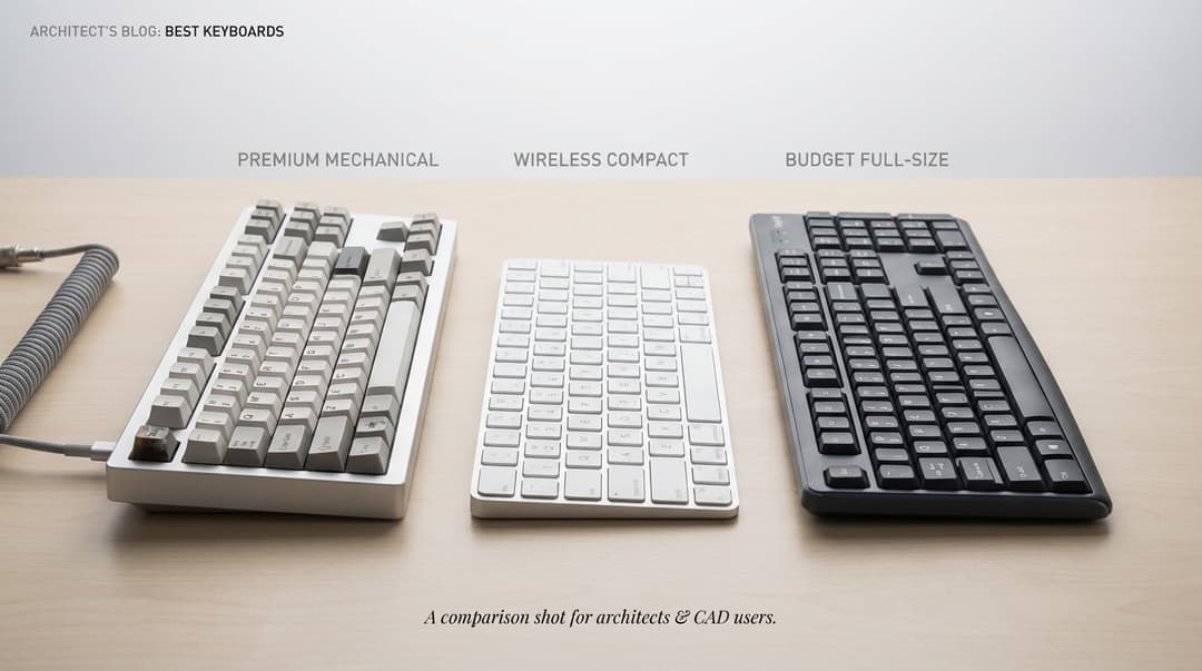 A comparison shot showing three keyboards side by side - a premium mechanical keyboard, a wireless c