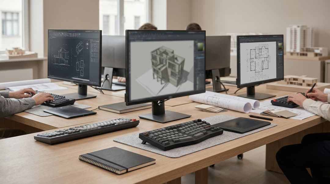 A busy architecture studio showing multiple workstations with different keyboard setups, architects