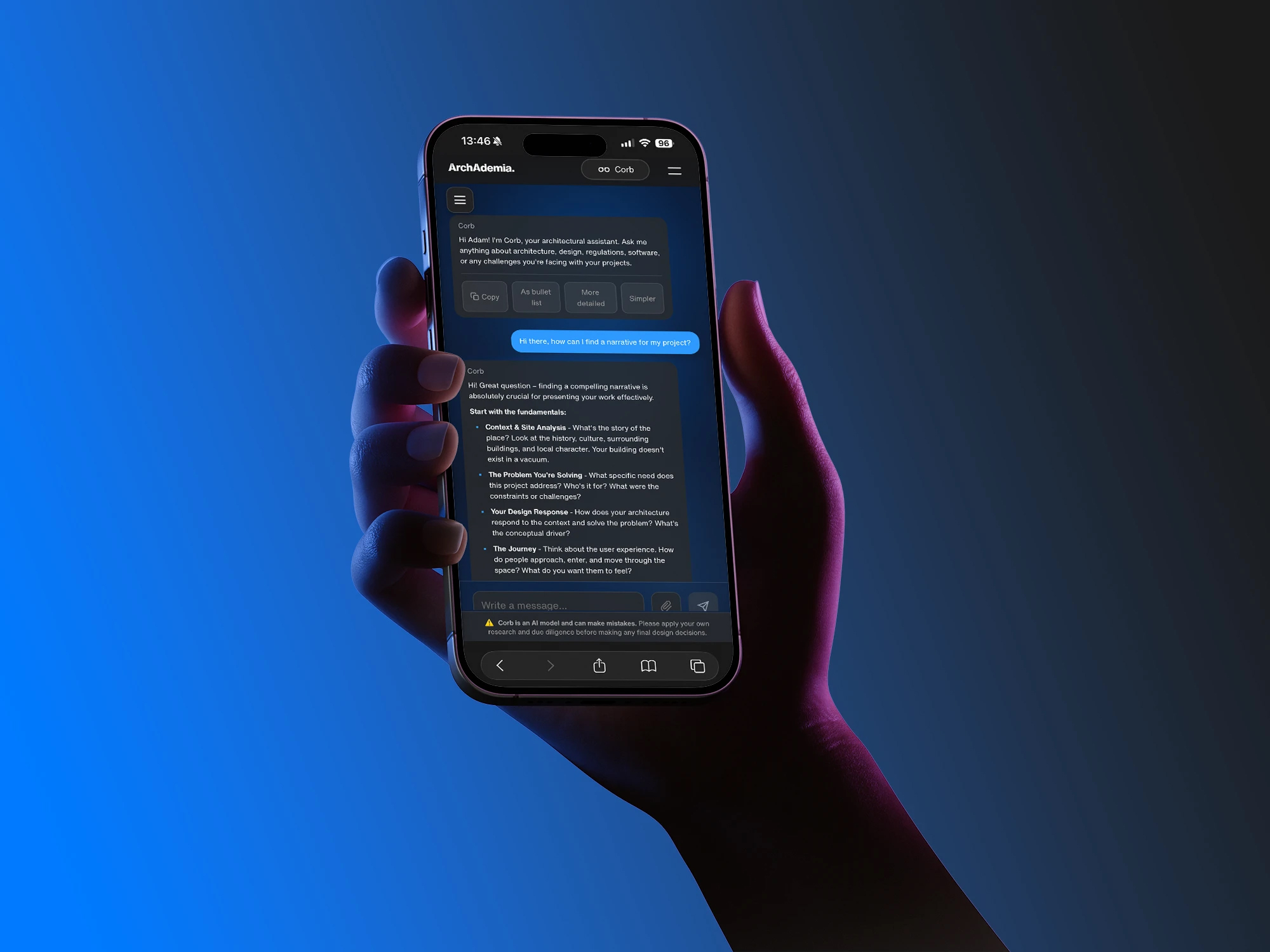 Hand holding smartphone displaying Corb AI assistant chat interface helping with architectural questions