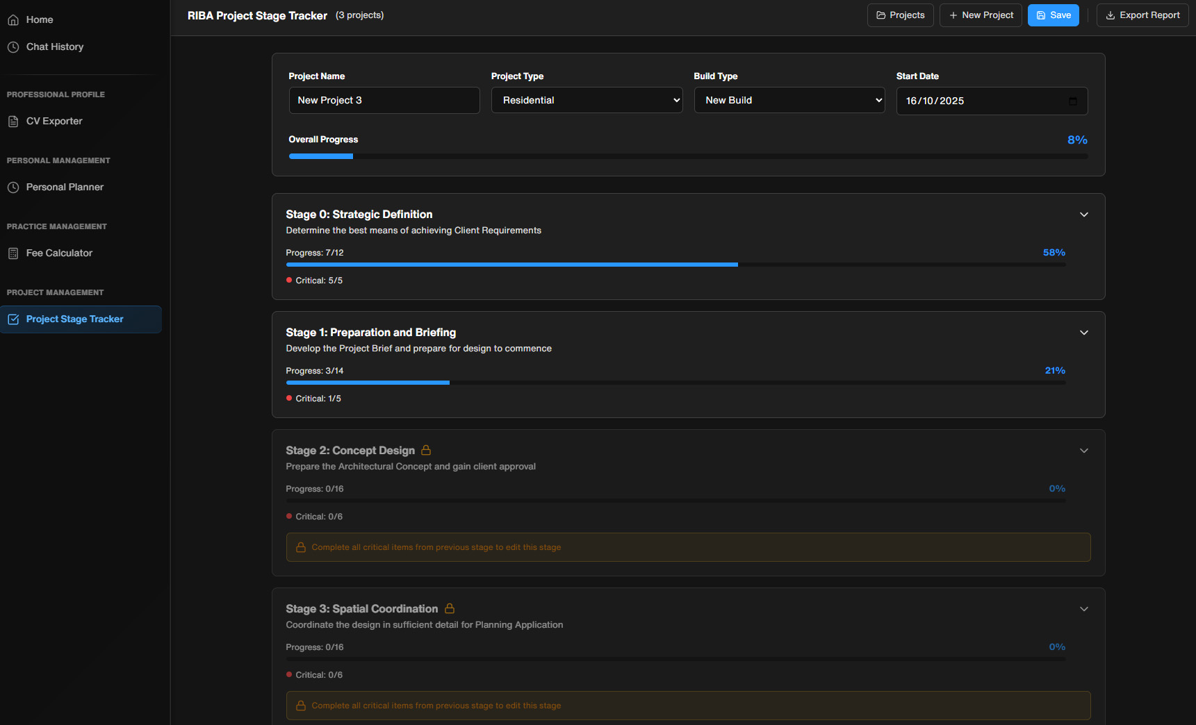 Professional project planning toolkit with schedules, task lists and contract management tools